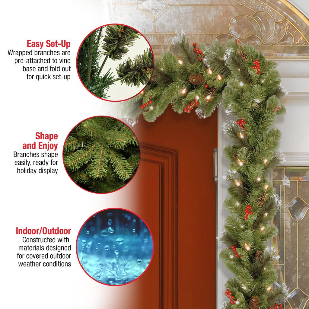 Pre-Lit Artificial Christmas Garland, Green, White Lights, 9 Feet G7444