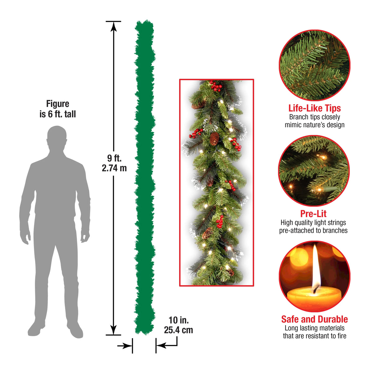 Pre-Lit Artificial Christmas Garland, Green, White Lights, 9 Feet G7444