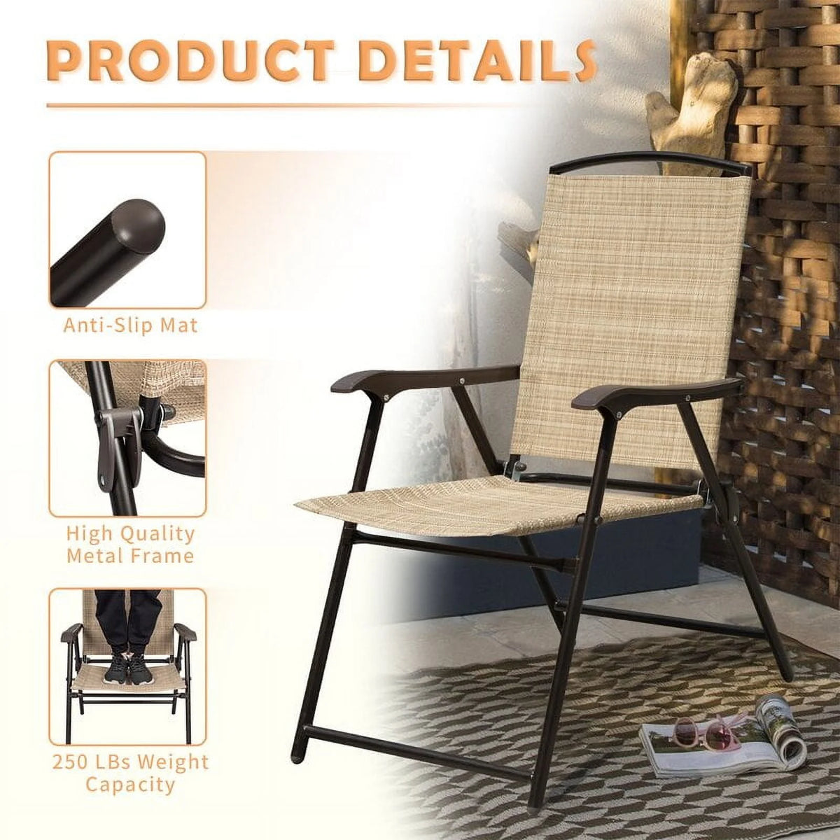 Beige 2 Pieces Textilene Patio Folding Chairs A62573