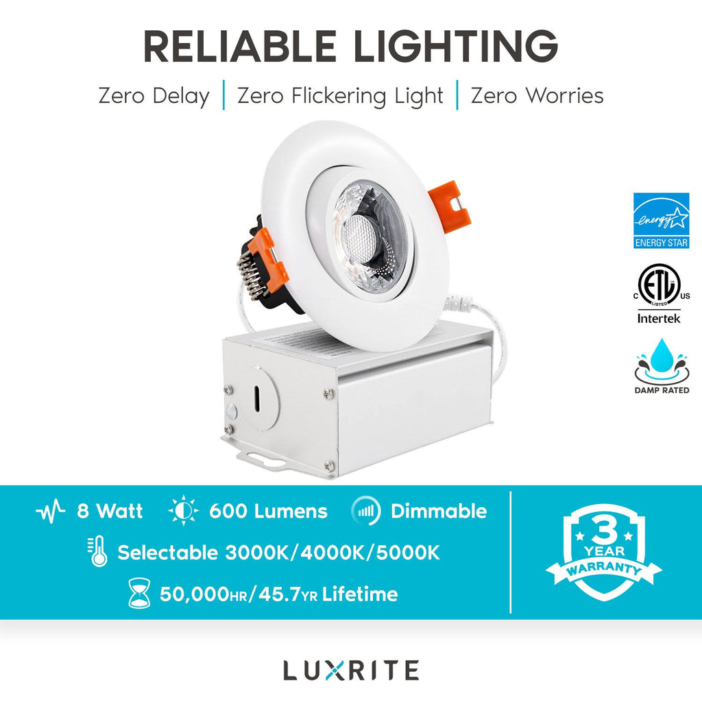 Adjustable LED Gimbal Recessed Lighting with J-Box 3 Color Selectable 8W 600lm Dimmable A29829