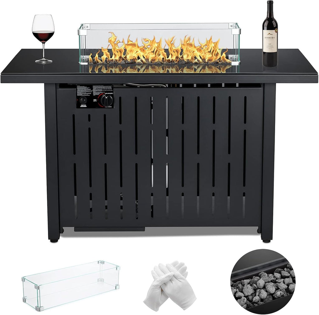 Propane Fire Pit Table, 43 Inch 50,000 BTU Auto-Ignition with Glass Wind Guard and Lava Stone G637