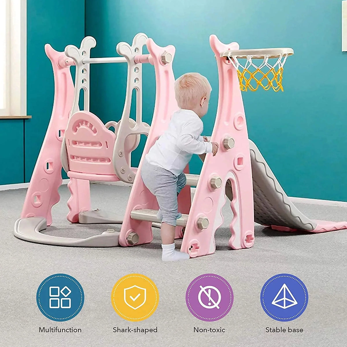 4 in 1 Toddler Slide and Swing Set with Basketball M414