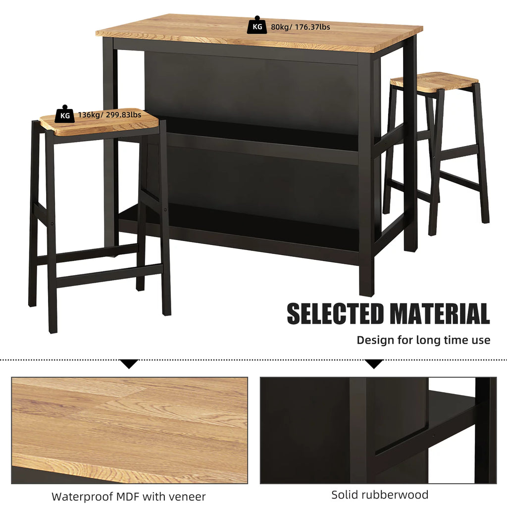 3 PCS RubberWood Dining Table Set with 2 Stools N419