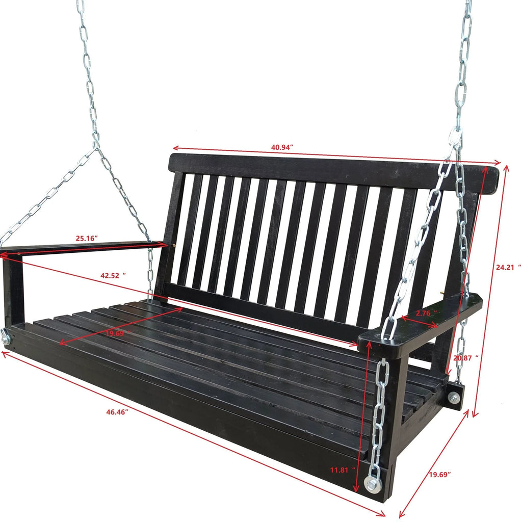 Black Wood Porch Swing with Armrests and Hanging Chains X17119