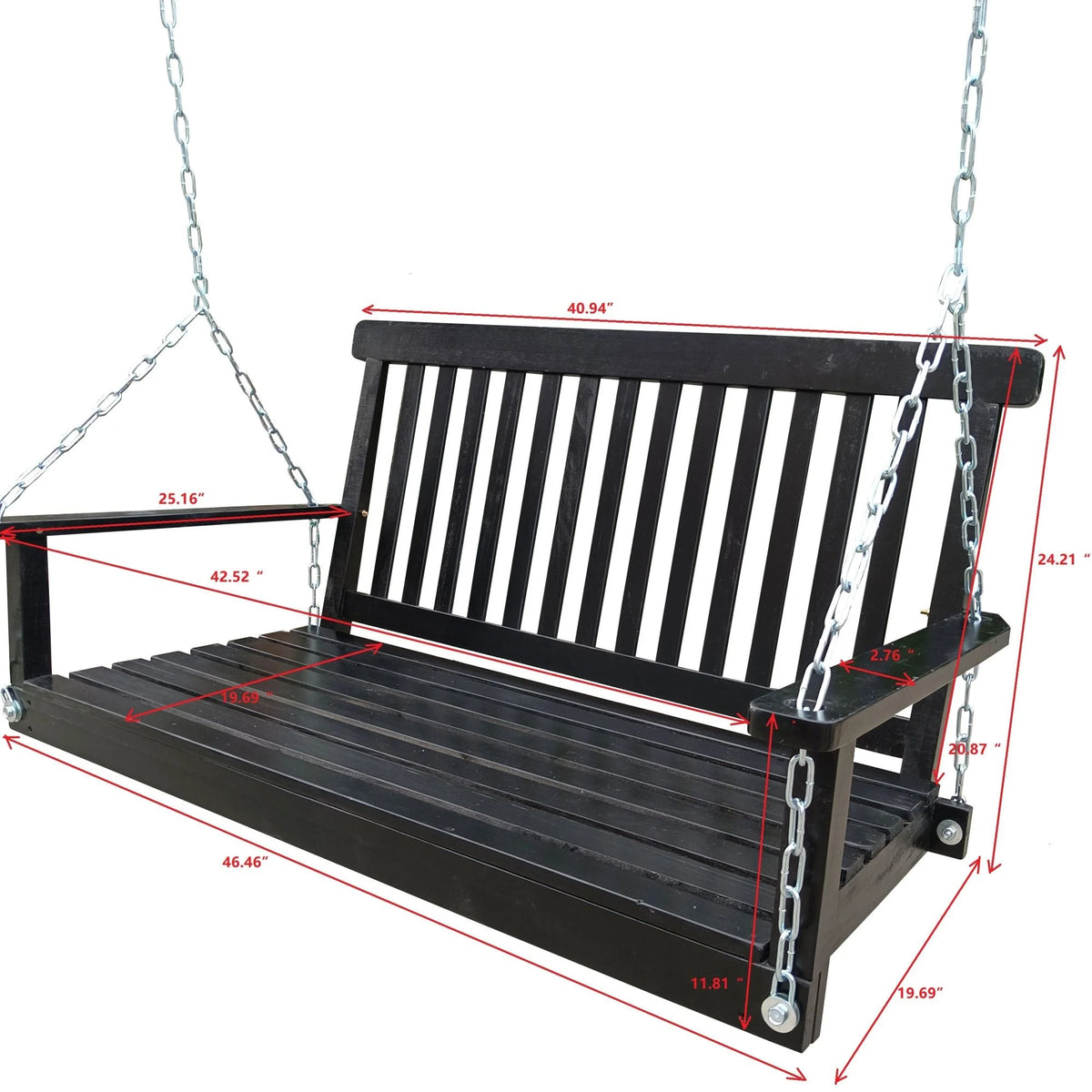 Black Wood Porch Swing with Armrests and Hanging Chains X17119