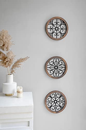3 Pack Rustic Round Wall Art Geometric Scrolled Metal with Wooden Frame S3590