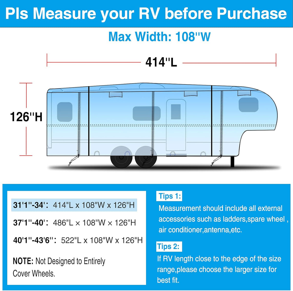 Rip-Stop 5th Wheel RV Cover Waterproof Polyester Pack of 2 U582
