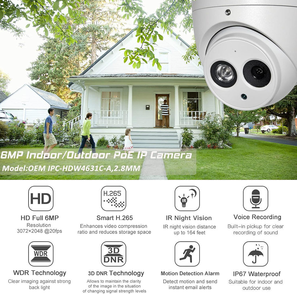 6MP PoE Outdoor Dome IP Camera with 2.8mm Lens, Built-in Mic, 164ft Night Vision, IP67 Waterproof P443363