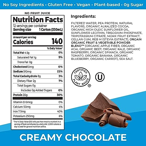 Organic Vegan Protein Shake, Creamy Chocolate, 20g Plant Based Protein, 11 Fl Oz (Pack of 12) Y62984