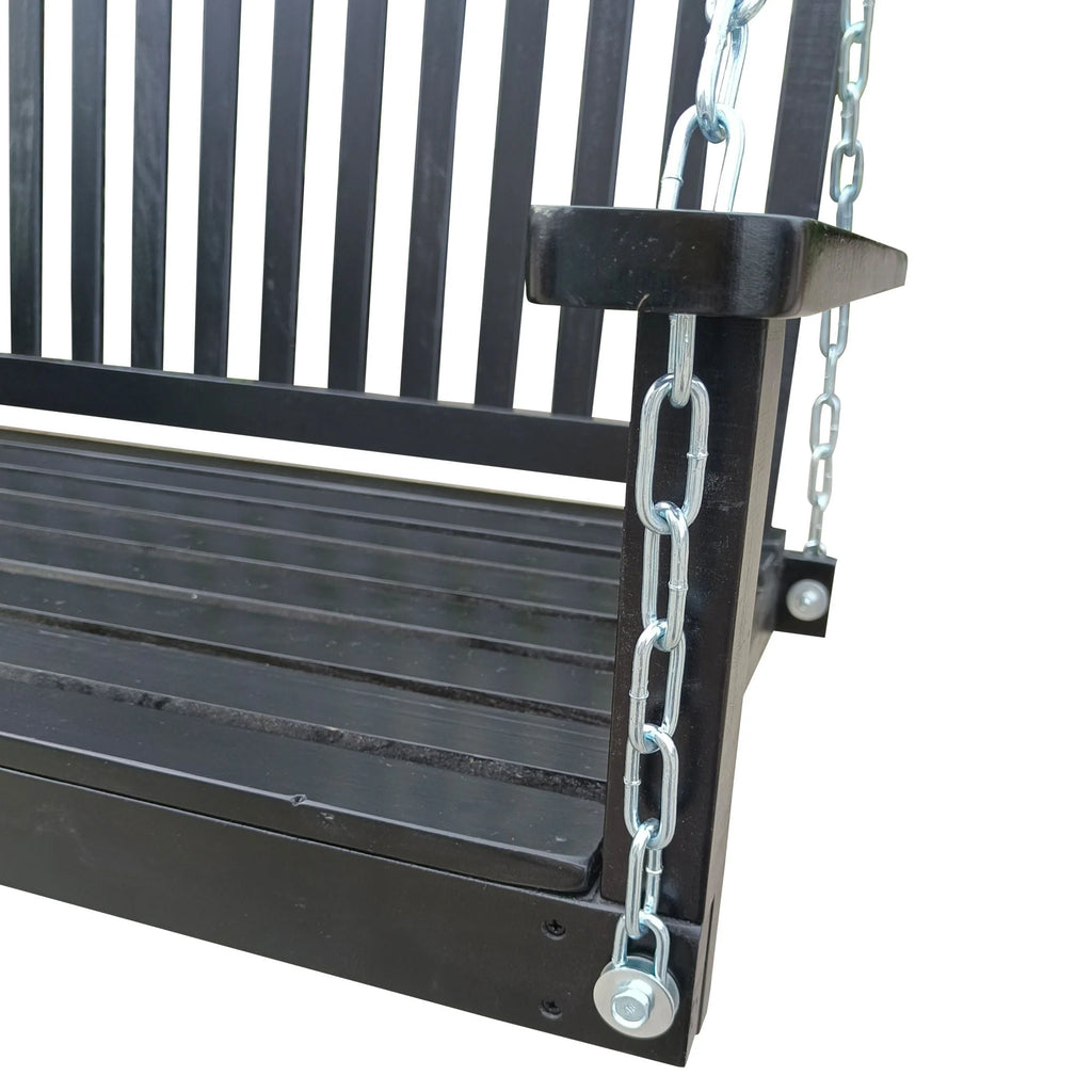 Black Wood Porch Swing with Armrests and Hanging Chains X17119