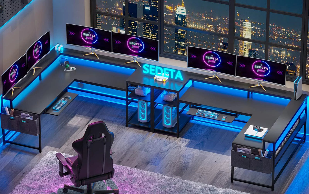 L Shaped Gaming Desk with Power Outlets and LED Strip, Black S483693