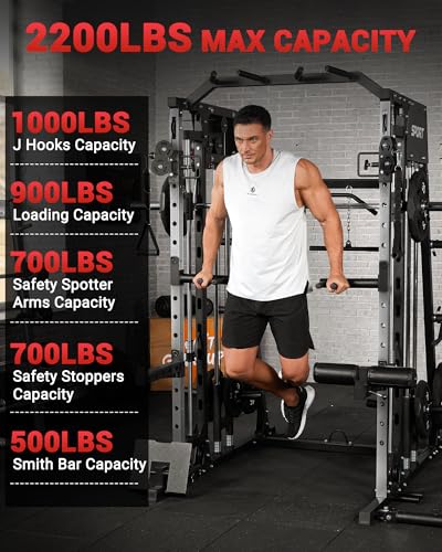 2200LBS Smith Machine Power Cage with Smith Bar, Cable Systems Q9083
