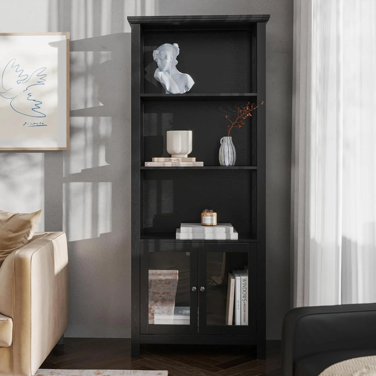 Black Wooden Bookcase And Storage Cabinet With Tempered Glass Doors And 3 Upper Shelves L2956