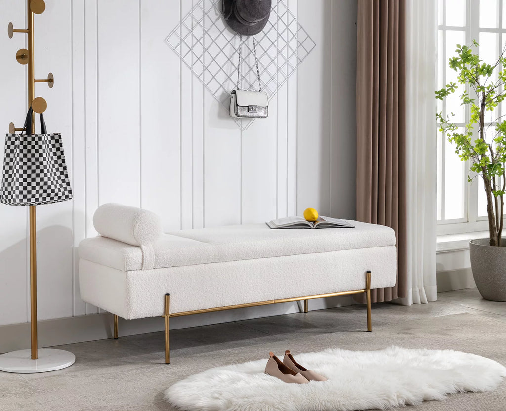 54 inches Faux Fur Upholstered Storage Bench with Gold Legs G4765