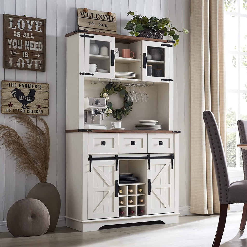 Antique White Wood Bar Cabinet with Sliding Barn Door and Hutch J76458