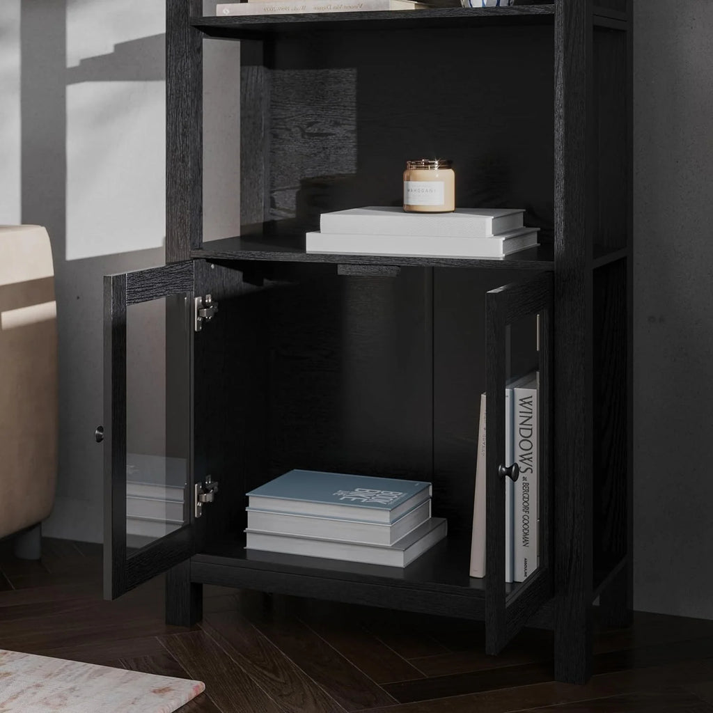 Black Wooden Bookcase And Storage Cabinet With Tempered Glass Doors And 3 Upper Shelves L2956