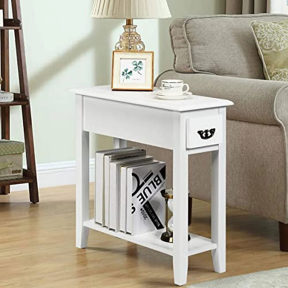 Narrow End Table with Drawer and Open Shelf, White M595