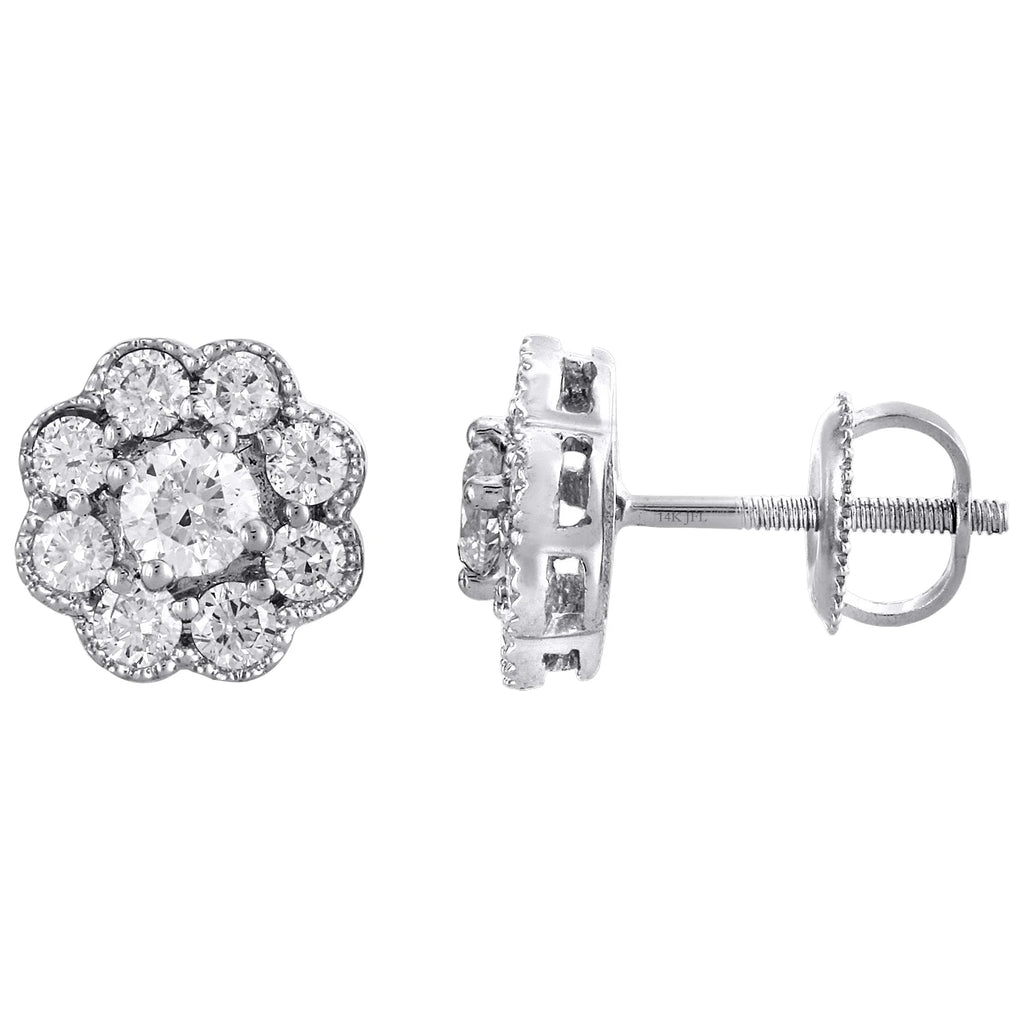 14K White Gold Solitaire Diamond Flower Stud Earrings 1 CT. A4619