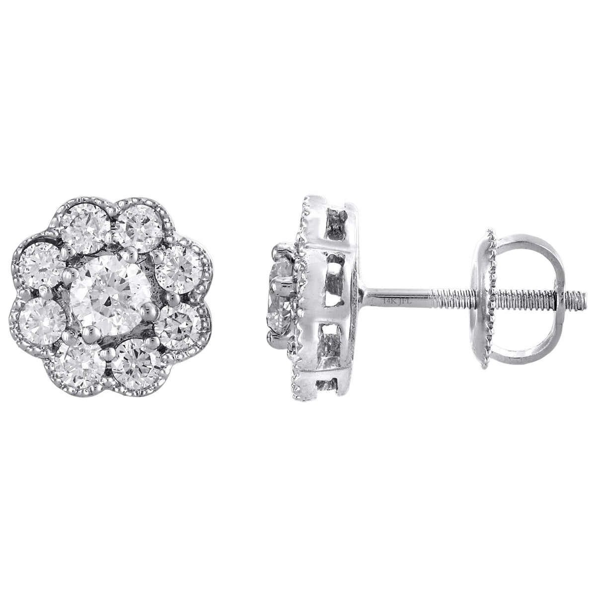 14K White Gold Solitaire Diamond Flower Stud Earrings 1 CT. A4619