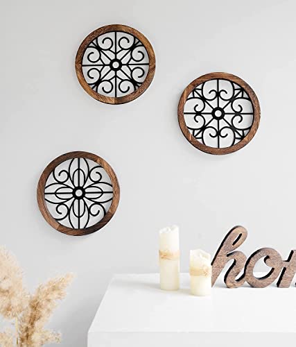 3 Pack Rustic Round Wall Art Geometric Scrolled Metal with Wooden Frame S3590