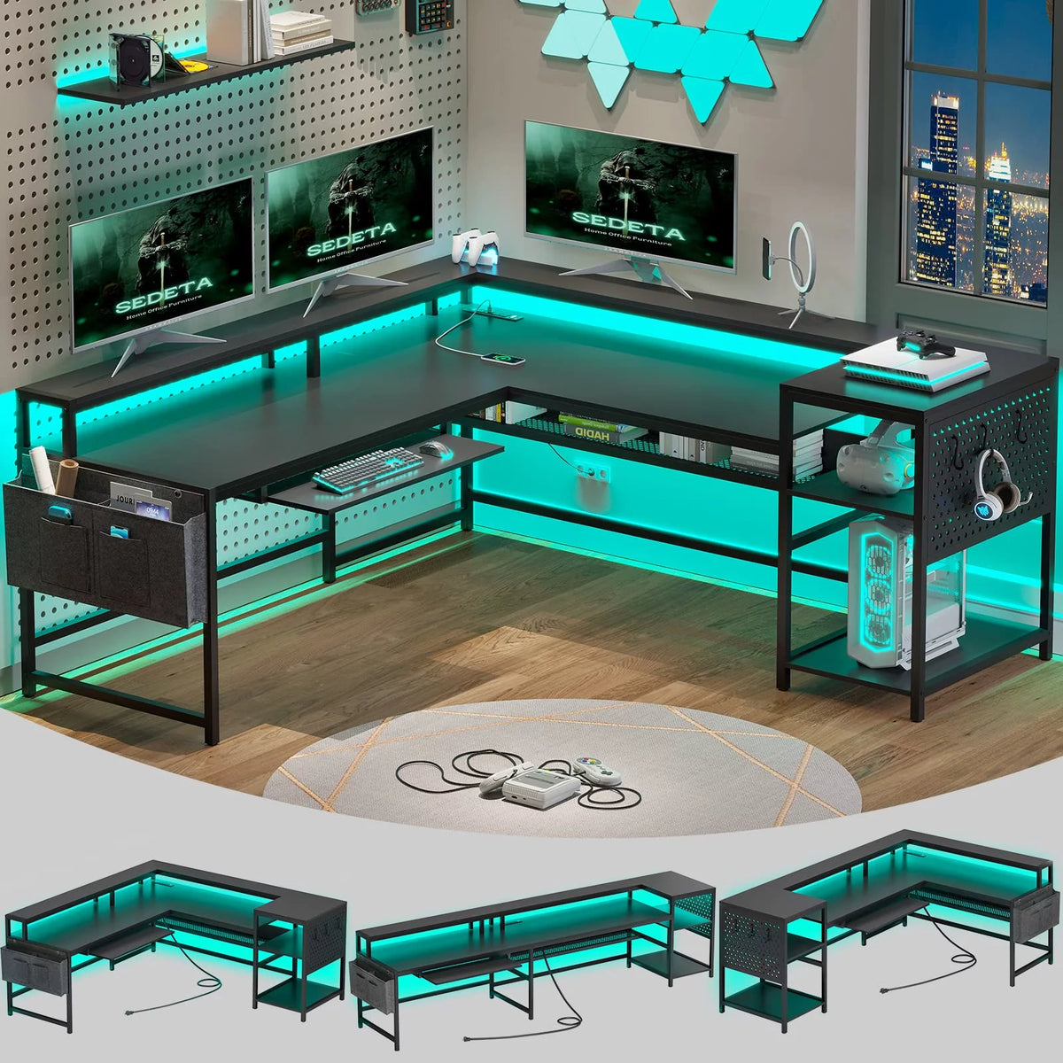 L Shaped Gaming Desk with Power Outlets and LED Strip, Black S483693