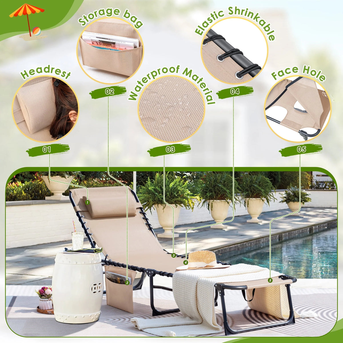 Blue 5-Position Adjustable Foldable Chaise I2893