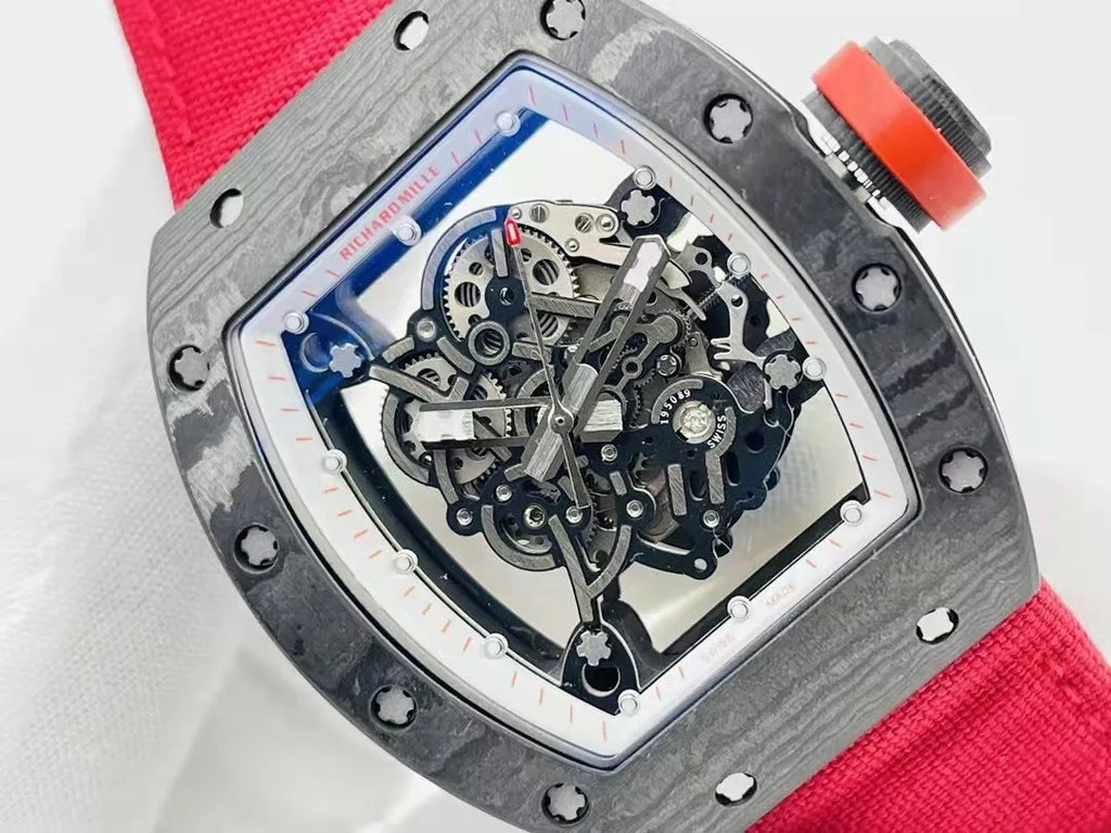 Skeleton Dial Black Bezel Red Canvas Strap D6370
