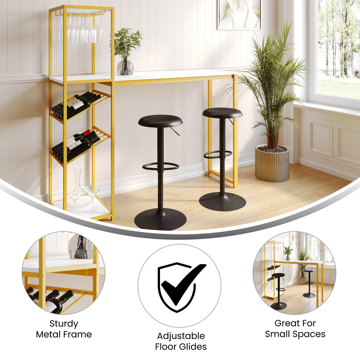 Gold Steel Tube Frame Bar and Wine Table with Faux Marble Melamine Table Top Z27025