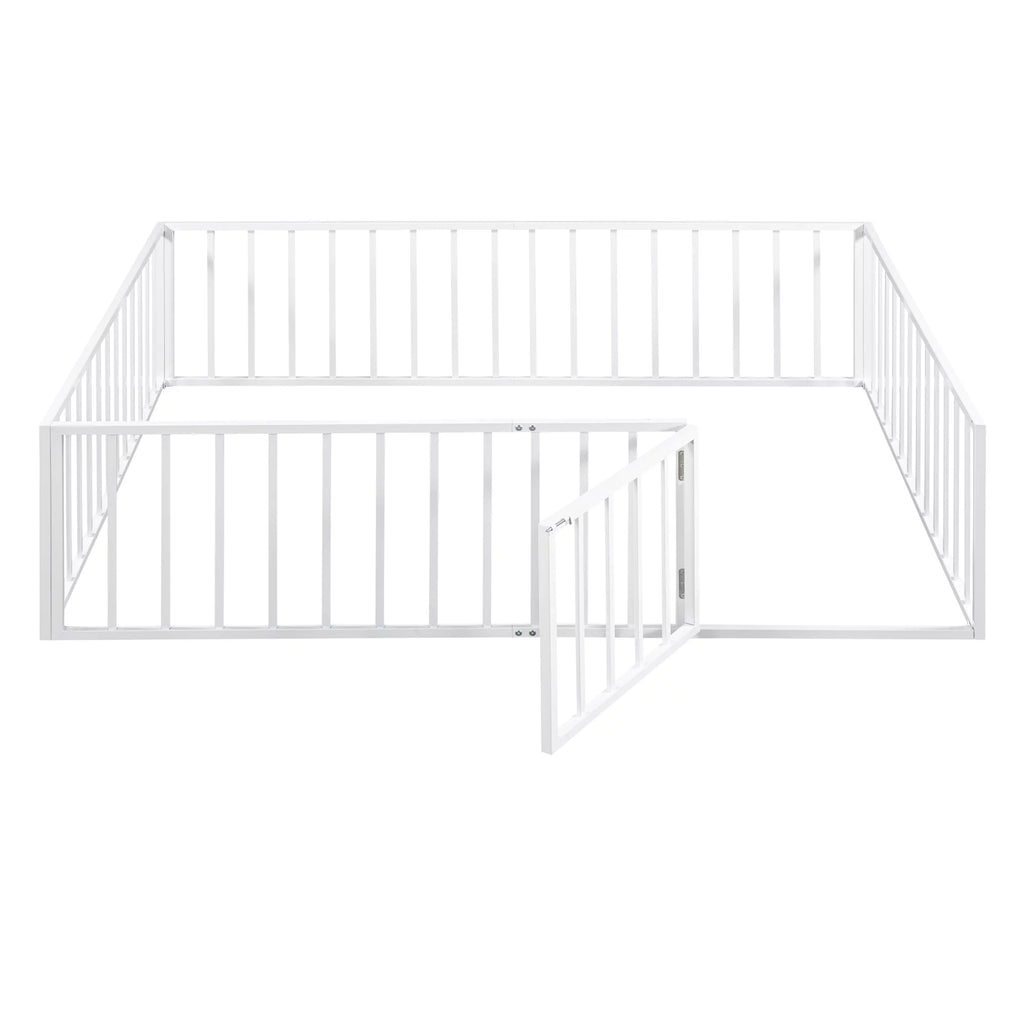 White Queen Metal Floor Bed with Fence Rails and Lockable Door T159