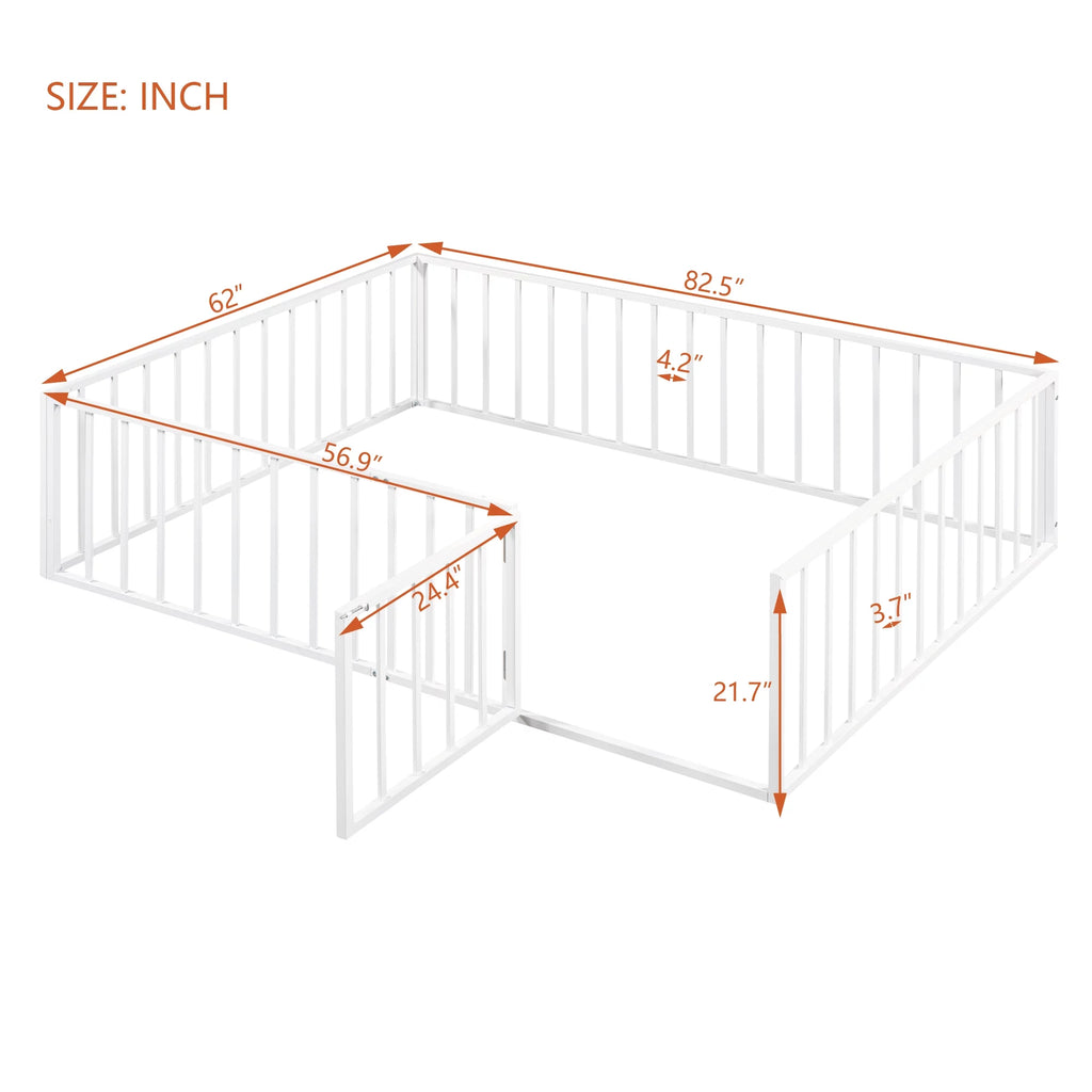 White Queen Metal Floor Bed with Fence Rails and Lockable Door T159