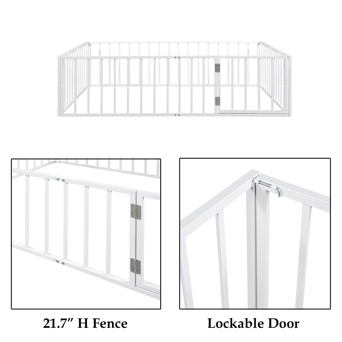 White Queen Metal Floor Bed with Fence Rails and Lockable Door T159
