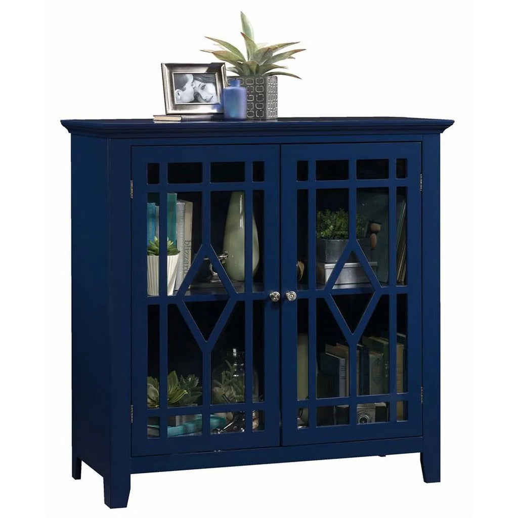 2 Piece Indigo Blue Geometric Glass Door Accent Curio Cabinet Set L242578