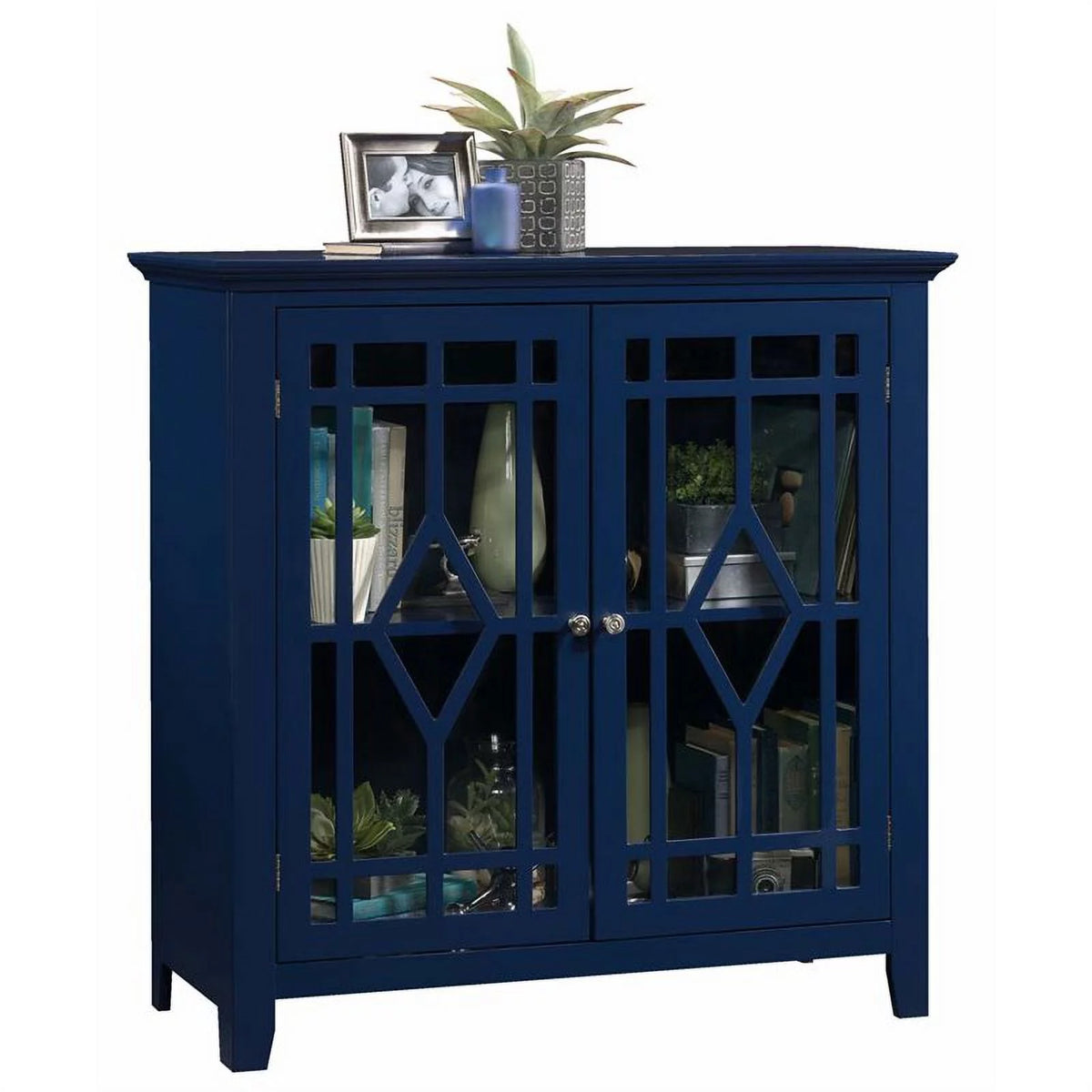 2 Piece Indigo Blue Geometric Glass Door Accent Curio Cabinet Set L242578