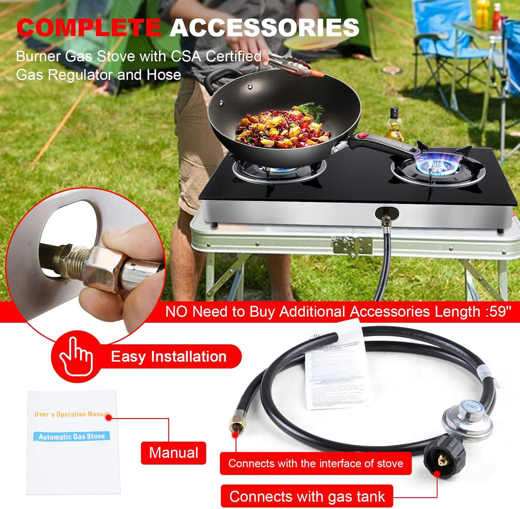 Propane Gas Cooktop 2 Burners Tempered Glass Auto Ignition R816