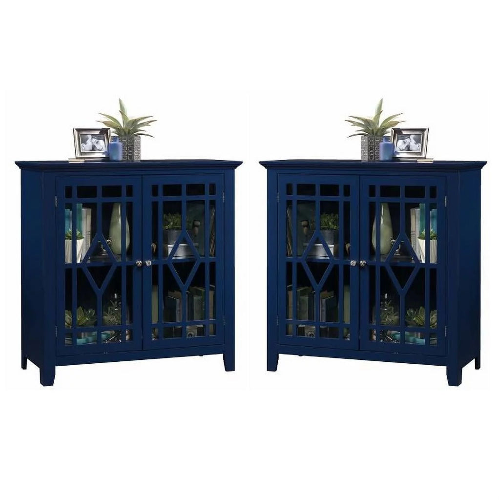 2 Piece Indigo Blue Geometric Glass Door Accent Curio Cabinet Set L242578