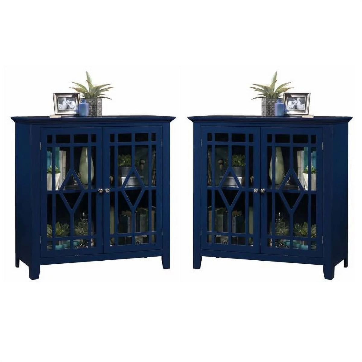 2 Piece Indigo Blue Geometric Glass Door Accent Curio Cabinet Set L242578