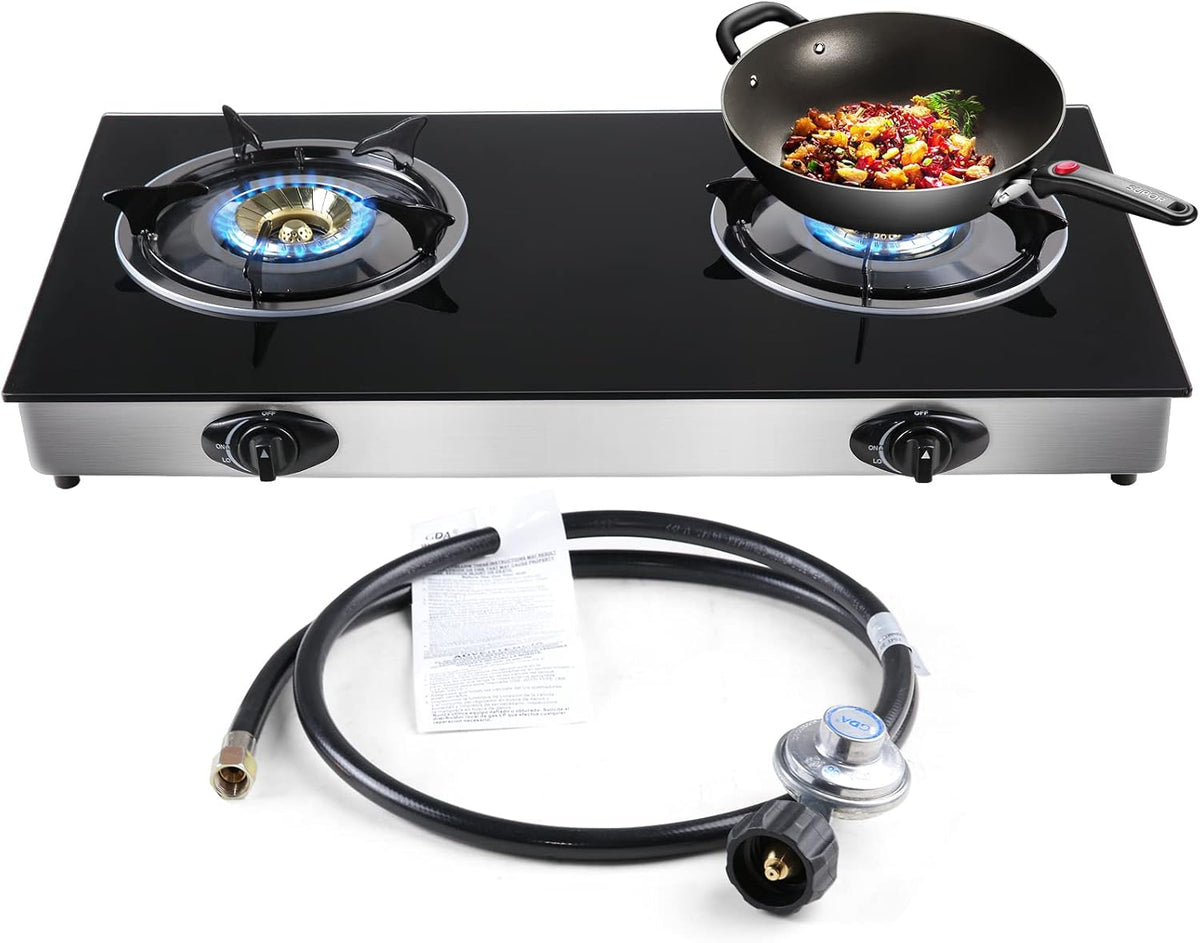 Propane Gas Cooktop 2 Burners Tempered Glass Auto Ignition R816