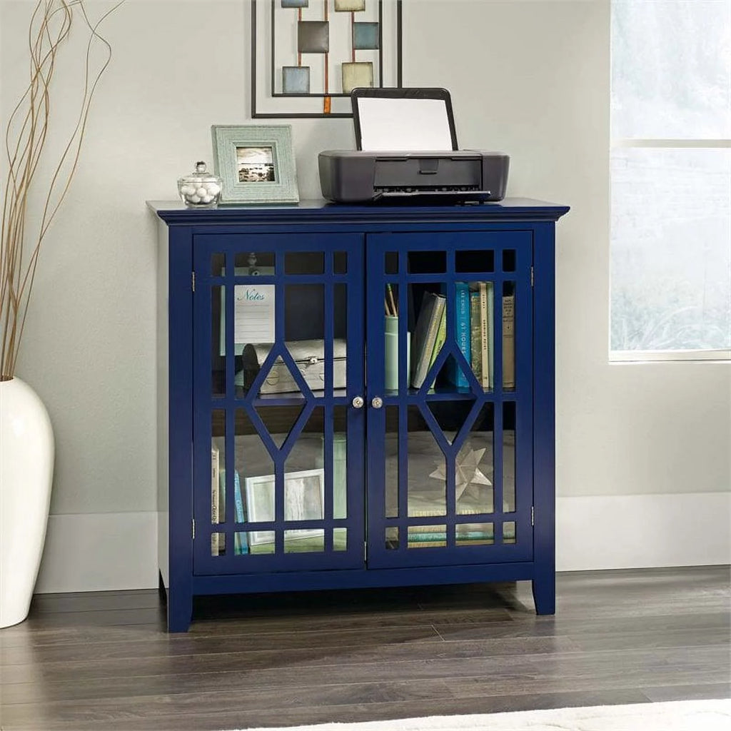 2 Piece Indigo Blue Geometric Glass Door Accent Curio Cabinet Set L242578