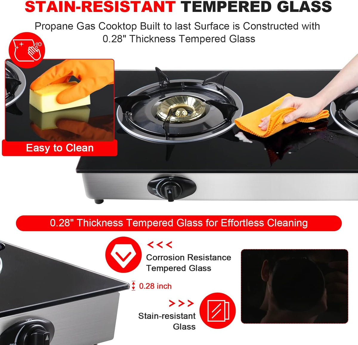 Propane Gas Cooktop 2 Burners Tempered Glass Auto Ignition R816