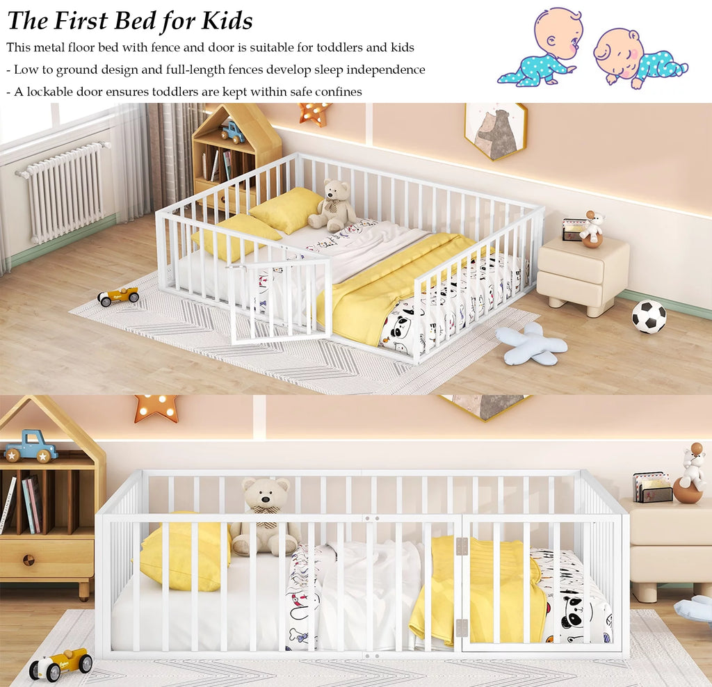White Queen Metal Floor Bed with Fence Rails and Lockable Door T159