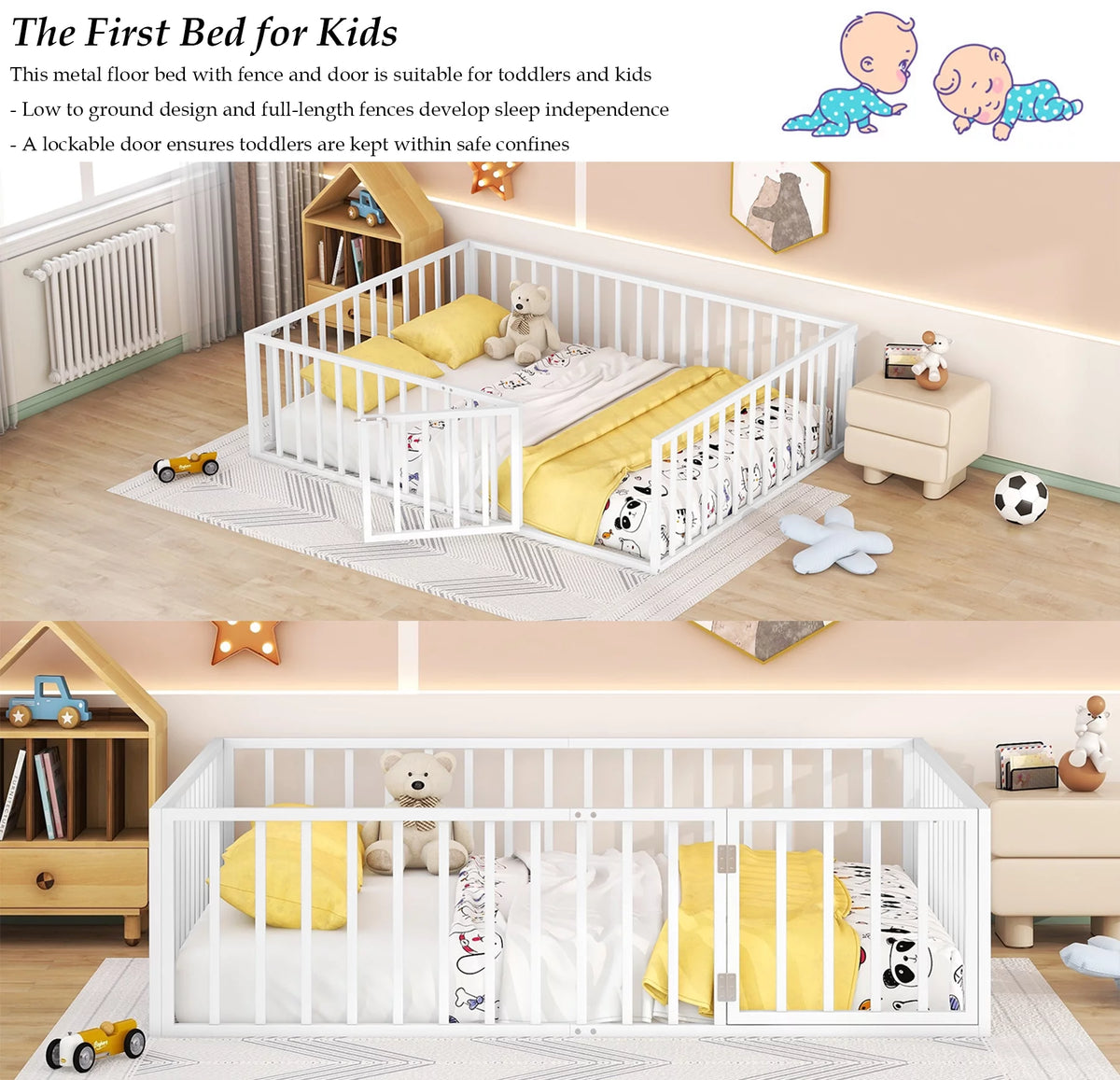 White Queen Metal Floor Bed with Fence Rails and Lockable Door T159