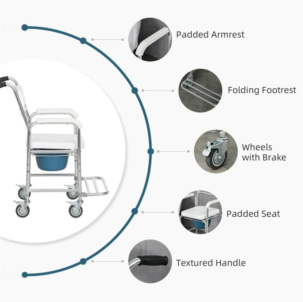 White Rolling Shower Wheelchair with Commode, 4 Lockable Wheels K2231