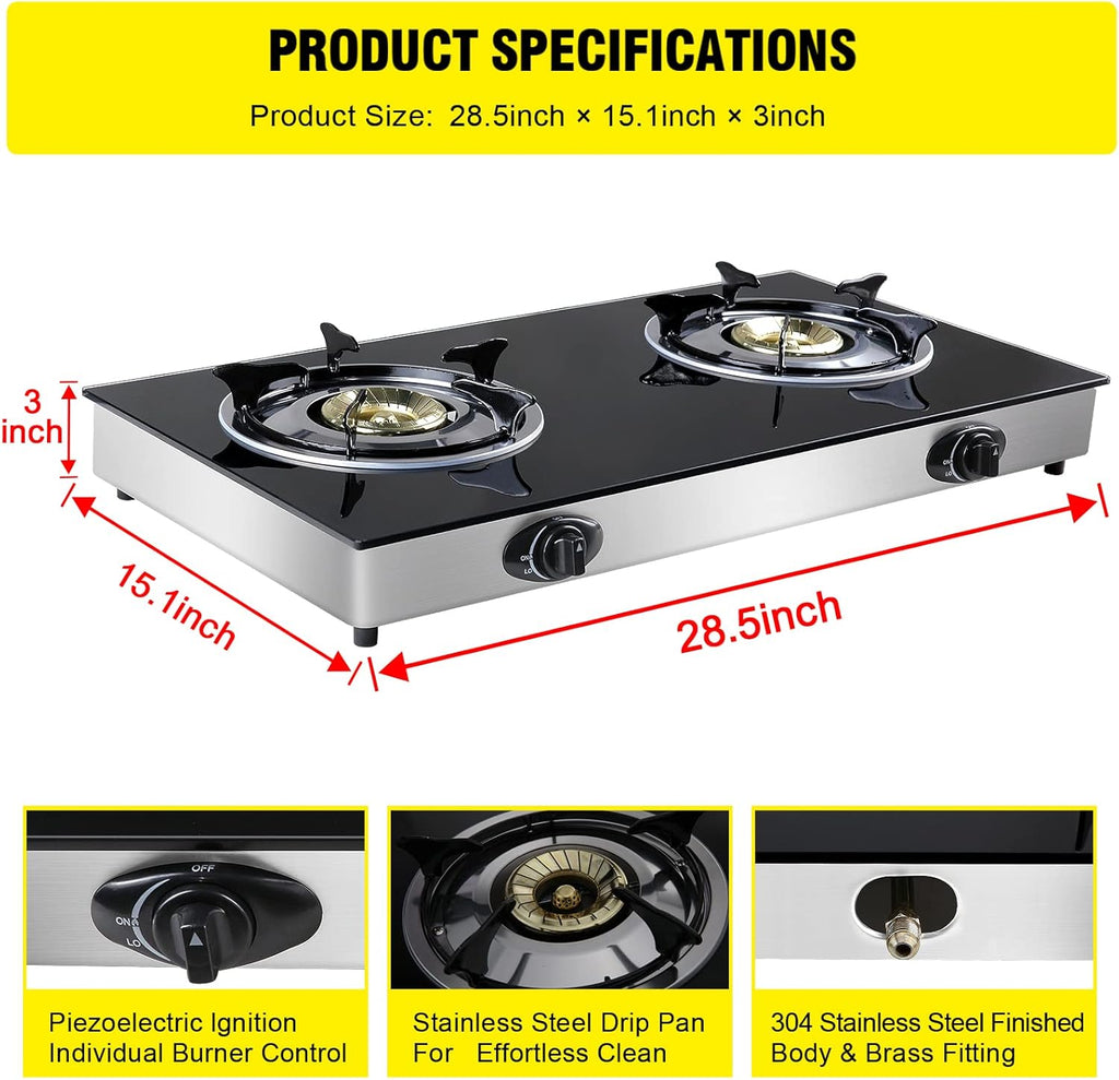 Propane Gas Cooktop 2 Burners Tempered Glass Auto Ignition R816