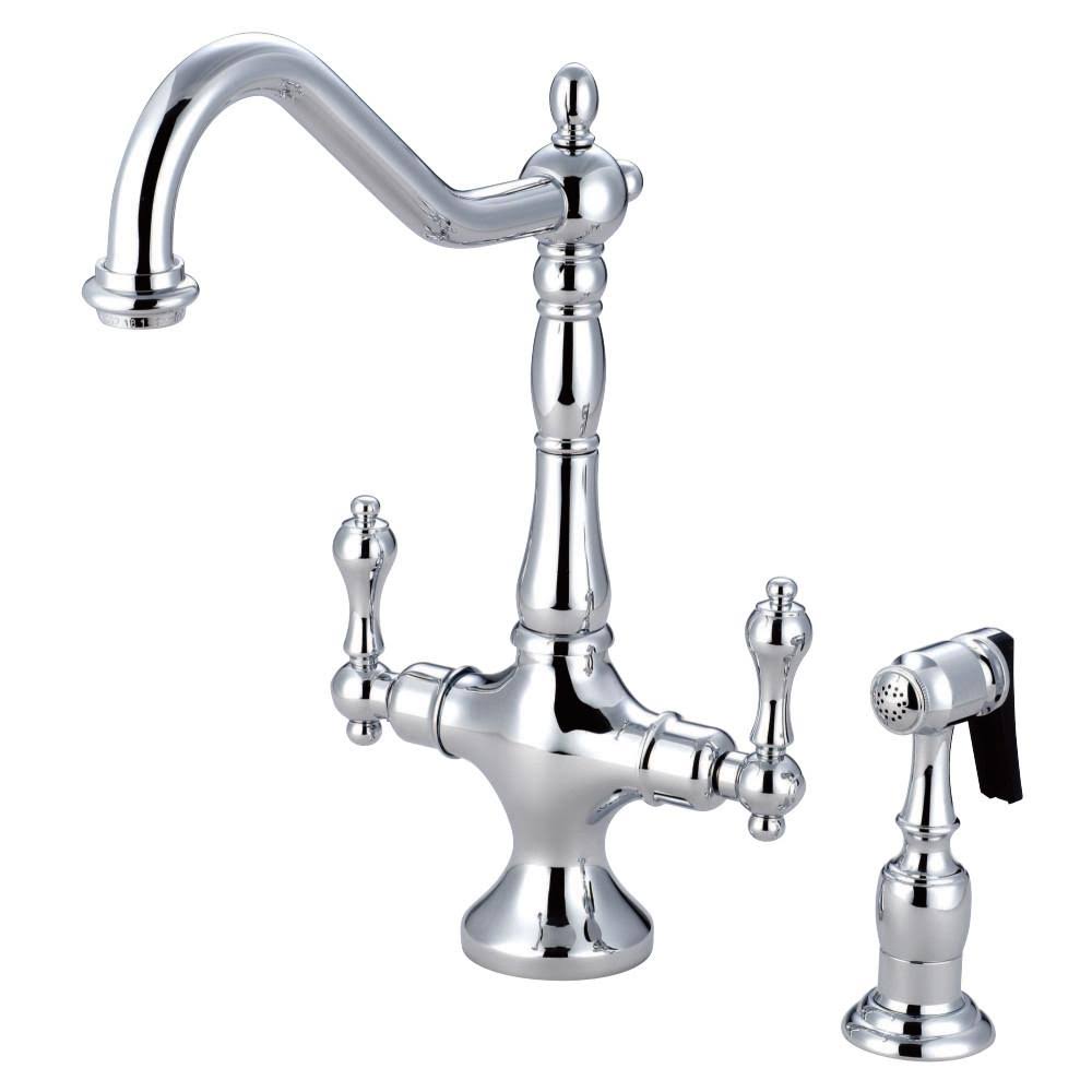 Satin Nickel Double Handle Kitchen Faucet with Brass Sprayer F94241
