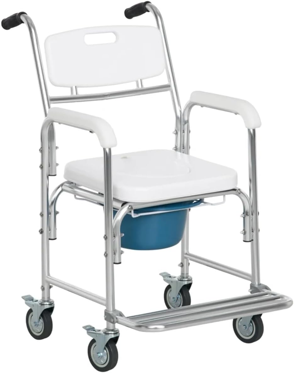 White Rolling Shower Wheelchair with Commode, 4 Lockable Wheels K2231