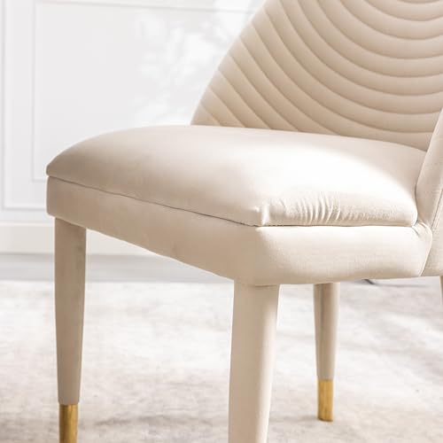 Beige Velvet Set of 2 Dining Chairs with Solid Wood Legs Q42319