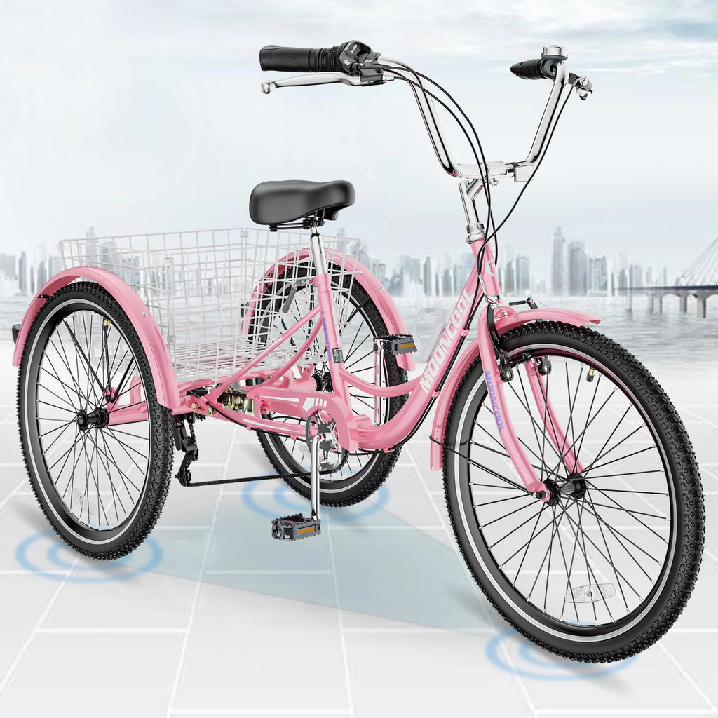 24 Upgraded Adult Tricycle with Low-Step Through Frame, 7-Speed Adjustable Cruiser Trike with Basket N3853