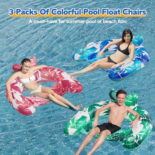 3 Pack Inflatable Pool Float Chairs with Cupholders & Handles S377