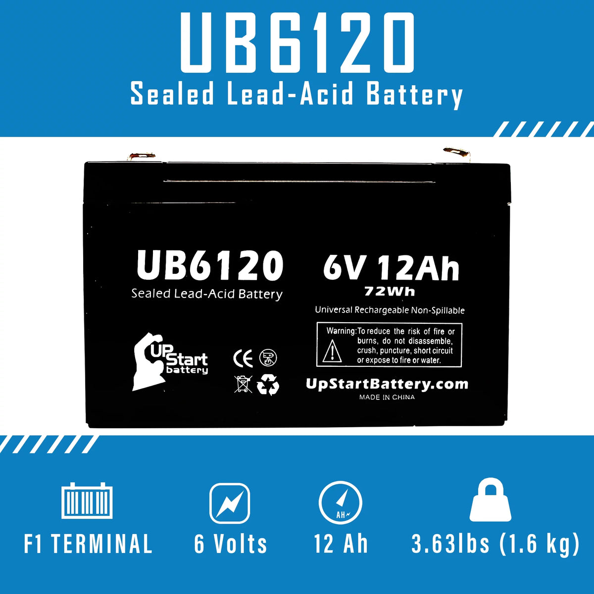 6V 12Ah Sealed Lead Acid Battery with F1 to F2 Terminal Adapters S3812