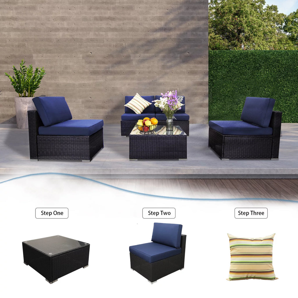 Blue 5 Pcs PE Rattan Wicker Sofa Set with Cushions V201269